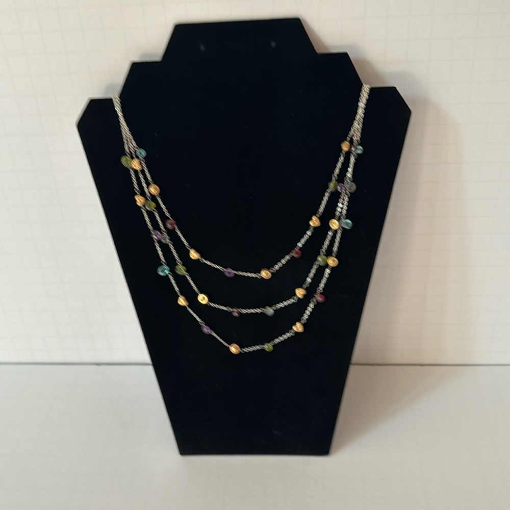 Brighton Necklace TripleLayer SilverChain Goldtone Ornaments Multicolor Stones